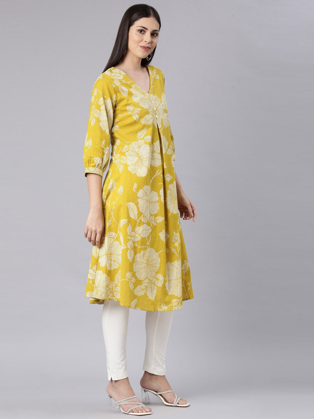 Neerus Green cotton printed anarkali kurta - side view