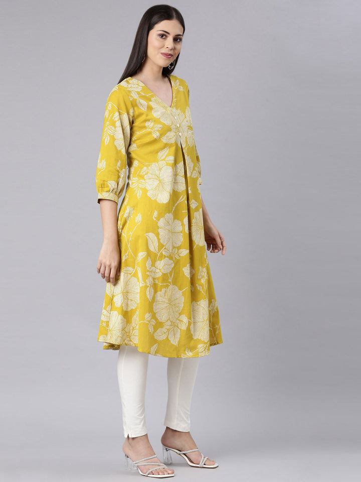 Neerus Green cotton printed anarkali kurta - side view