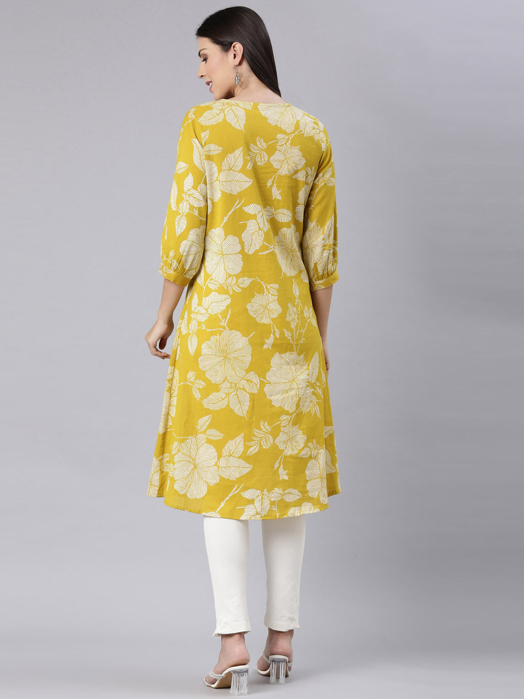 Neerus Green cotton printed anarkali kurta - detail view 1