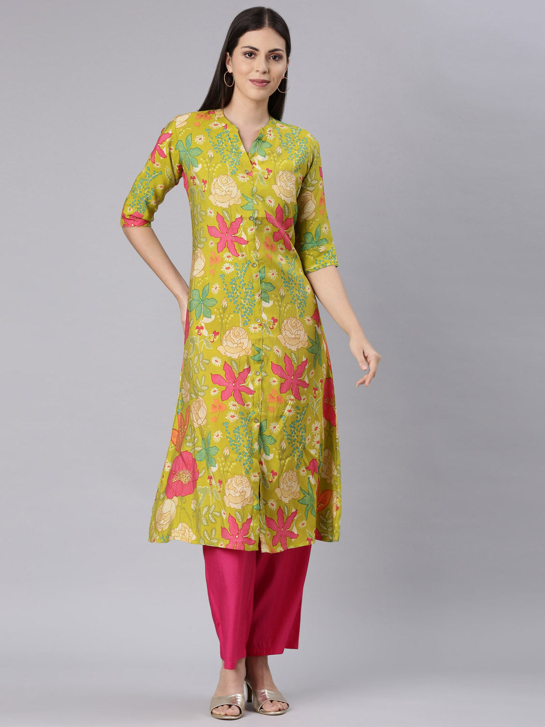 Neerus Green muslin printed straight kurta - front view