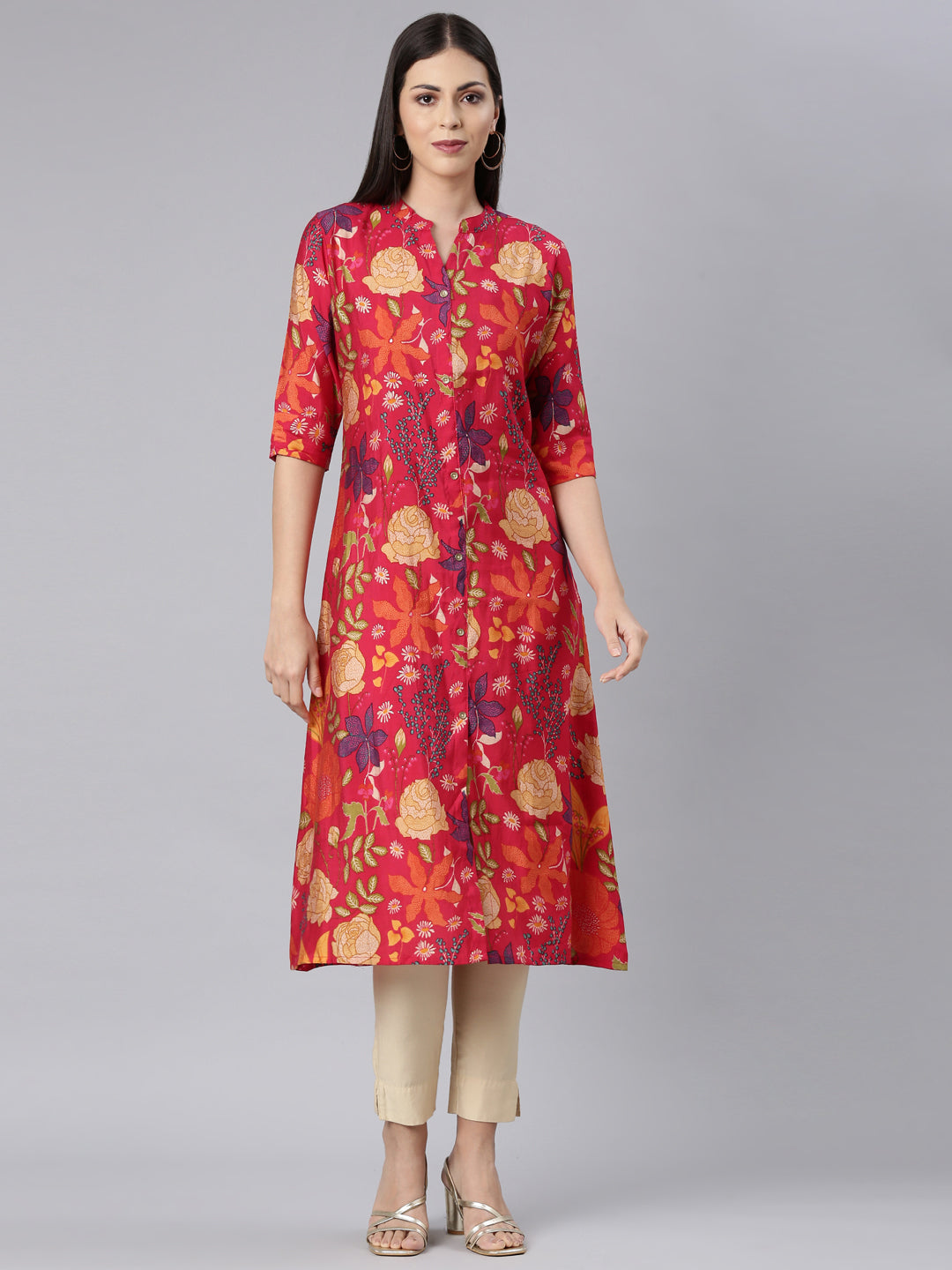 Neerus Red muslin printed straight kurta - front view