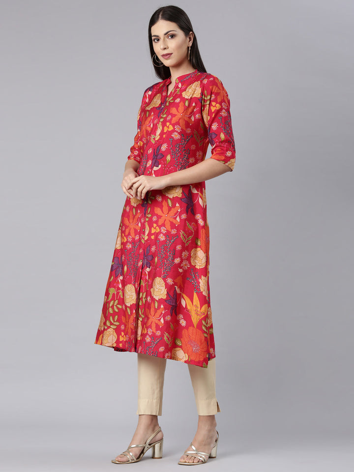 Neerus Red muslin printed straight kurta - back view