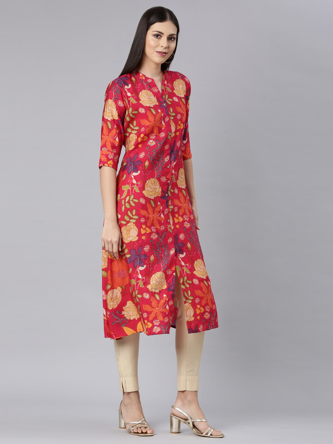 Neerus Red muslin printed straight kurta - side view