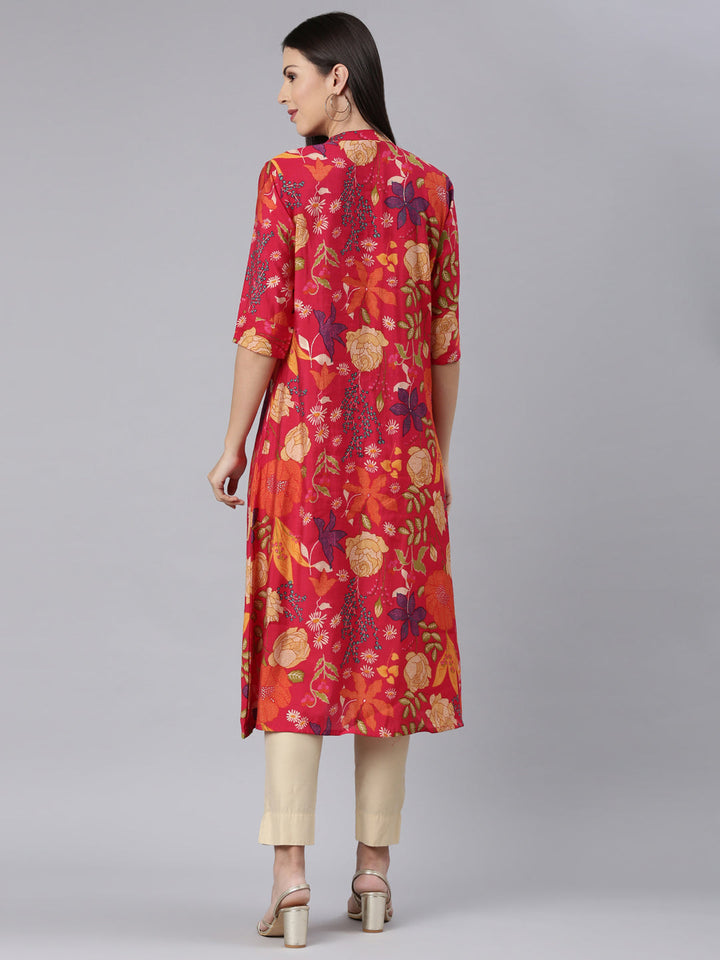 Neerus Red muslin printed straight kurta - detail view 1