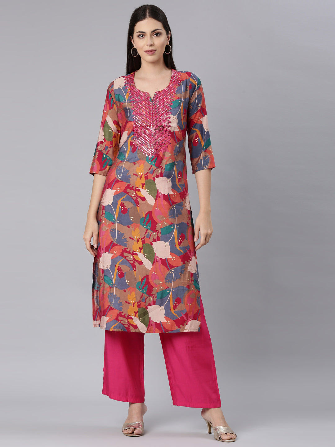 Neerus Red modal printed floral straight kurta - front view