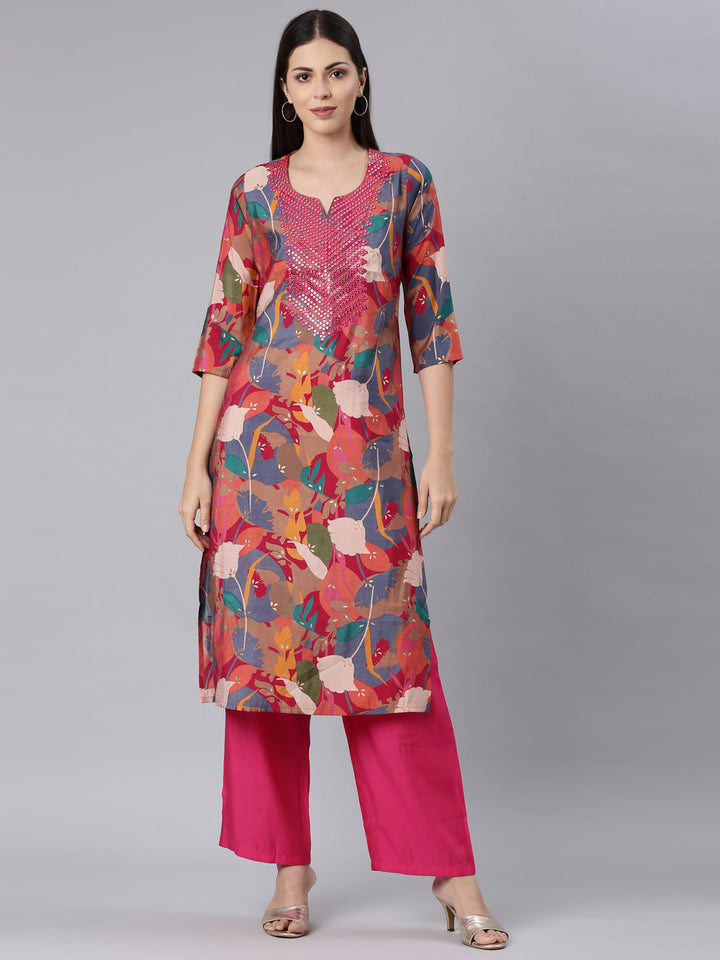 Neerus Red modal printed floral straight kurta - front view