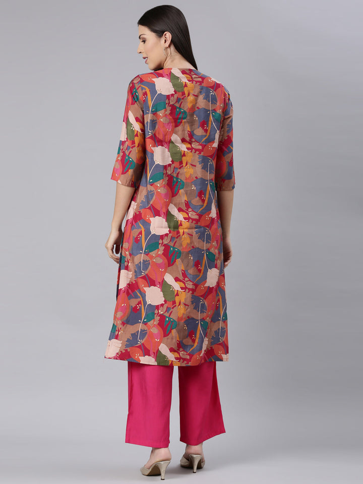 Neerus Red modal printed floral straight kurta - detail view 1