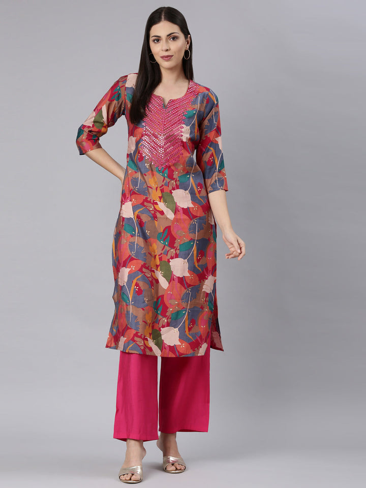 Neerus Red modal printed floral straight kurta - detail view 3