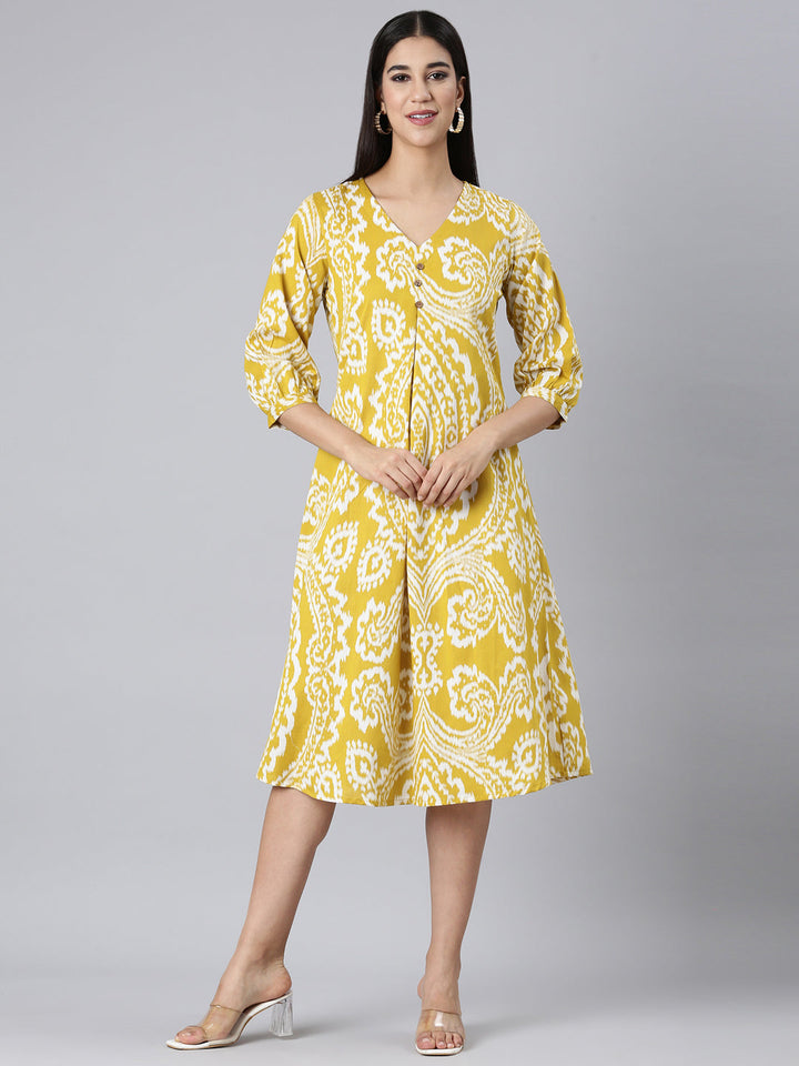 Neerus Mustard Casual Floral A-Line Kurtas
