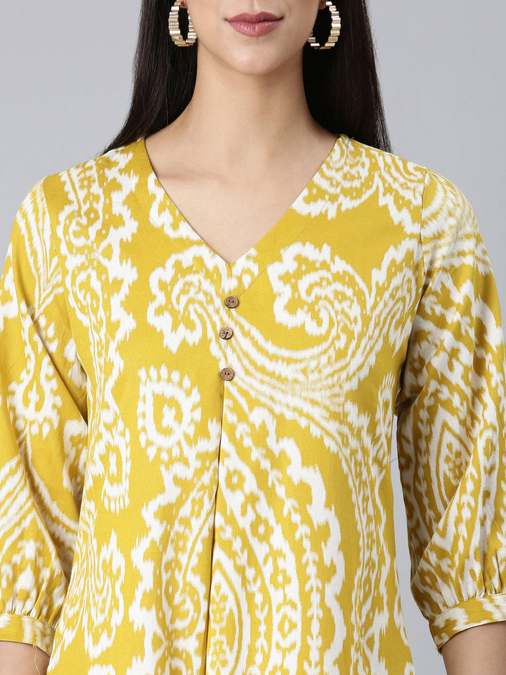 Neerus Mustard Casual Floral A-Line Kurtas