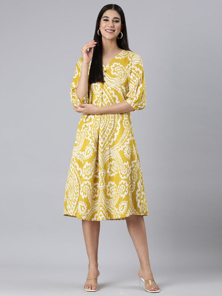 Neerus Mustard Casual Floral A-Line Kurtas
