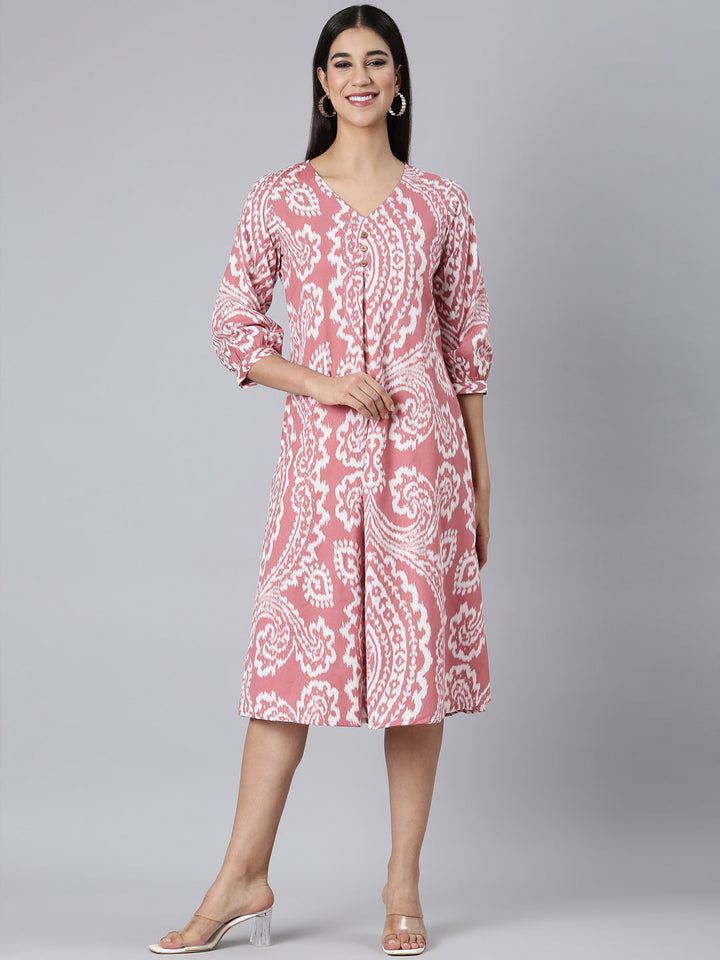 Neerus Pink Casual Floral A-Line Kurtas