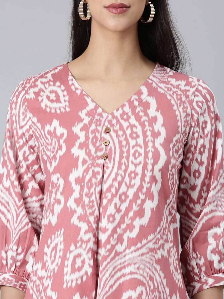 Neerus Pink Casual Floral A-Line Kurtas