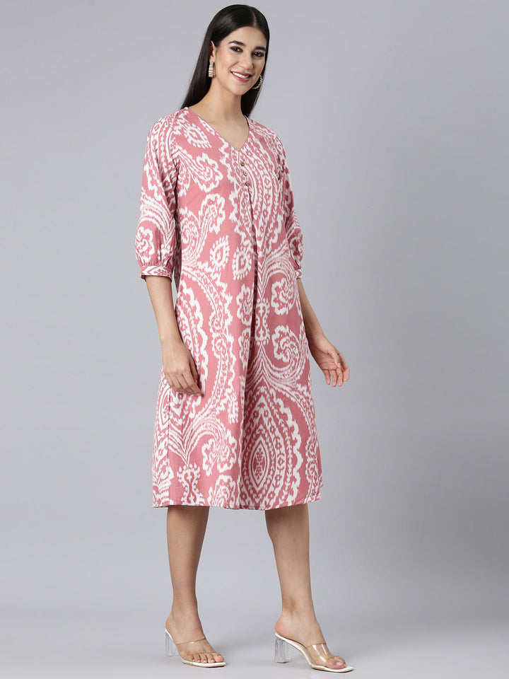 Neerus Pink Casual Floral A-Line Kurtas