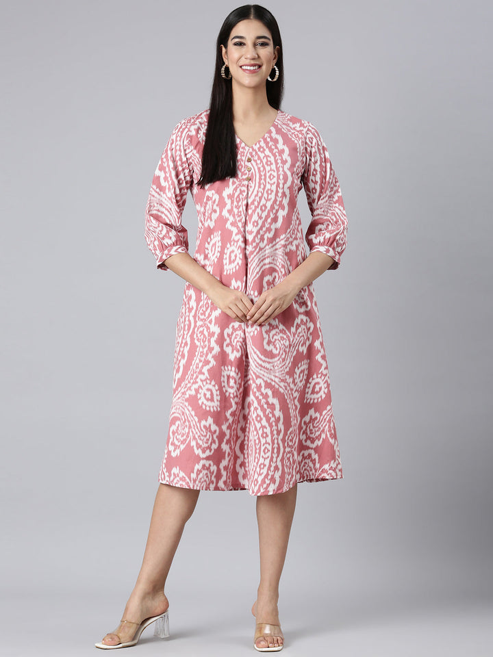 Neerus Pink Casual Floral A-Line Kurtas