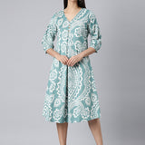 Neerus Sea Green Casual Floral A-Line Kurtas