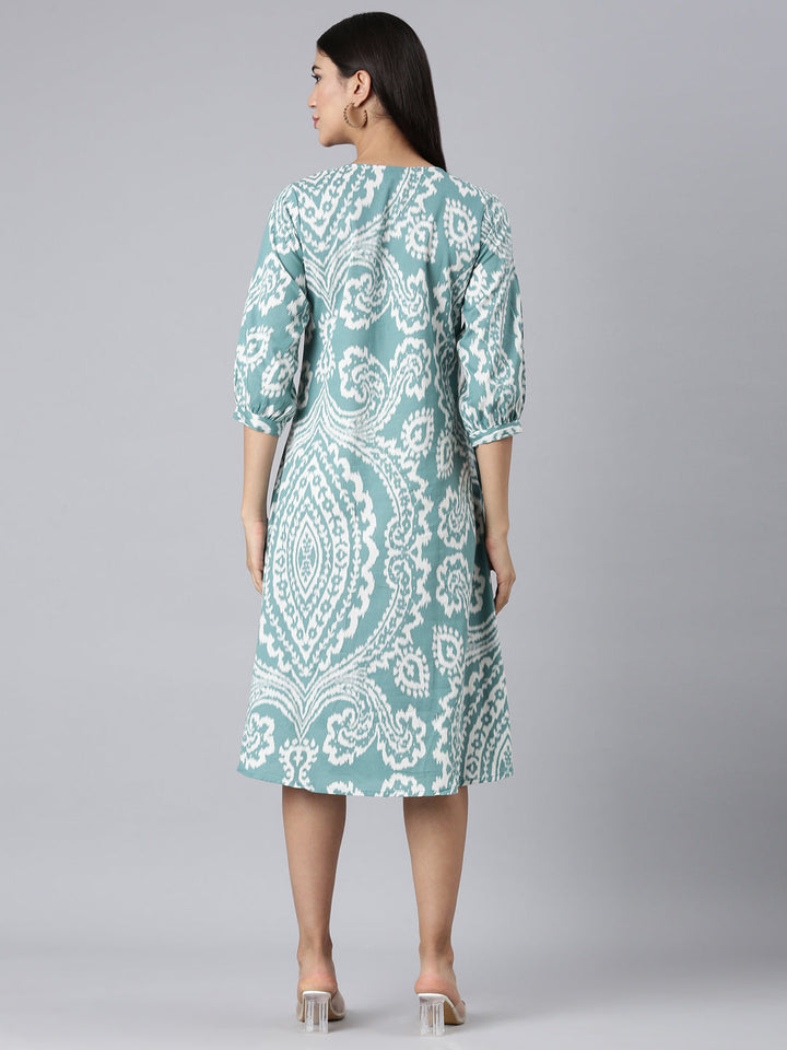 Neerus Sea Green Casual Floral A-Line Kurtas
