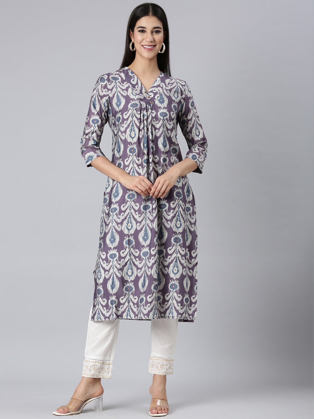 Neerus Purple cotton printed straight kurta - front view