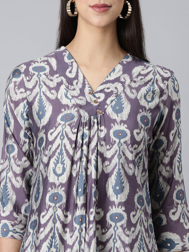 Neerus Purple cotton printed straight kurta - detail view 1