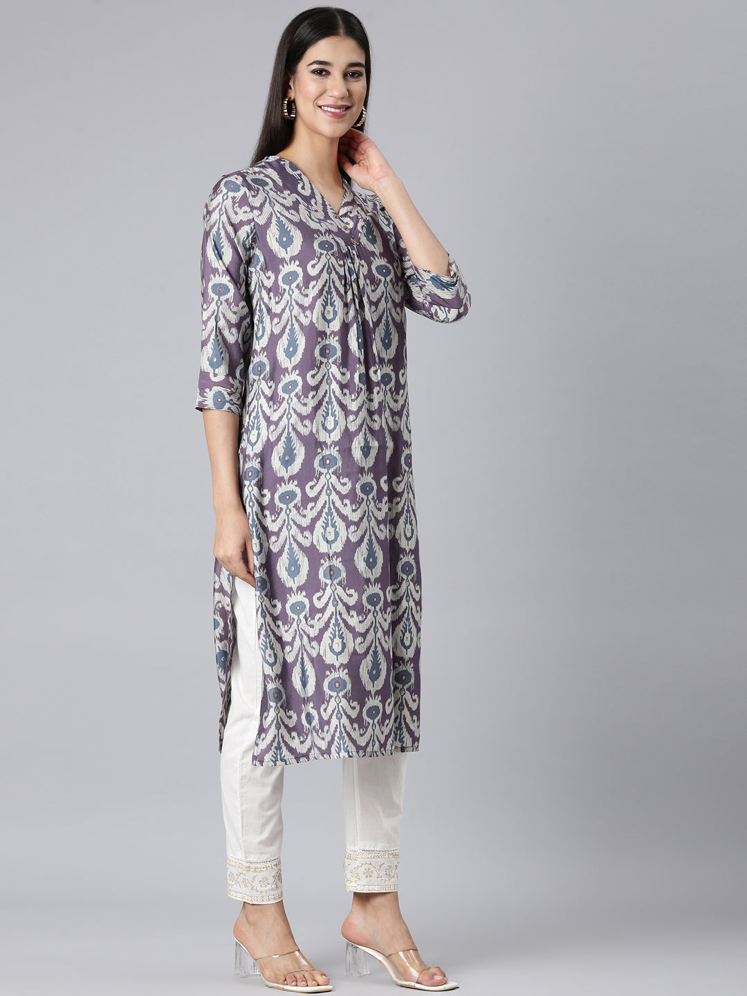 Neerus Purple cotton printed straight kurta - back view