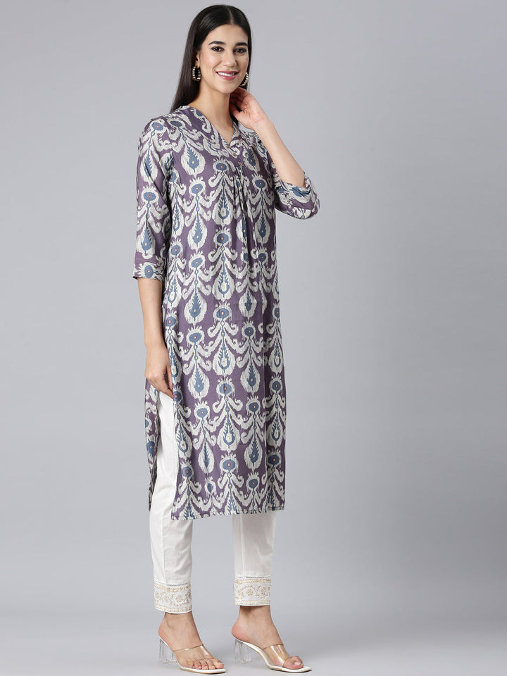 Neerus Purple cotton printed straight kurta - back view