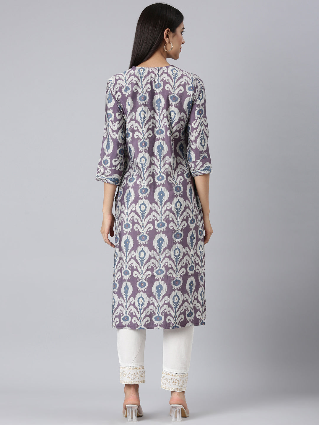Neerus Purple cotton printed straight kurta - side view
