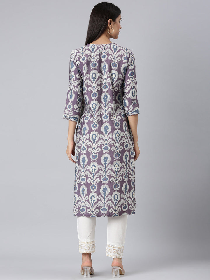 Neerus Purple cotton printed straight kurta - side view