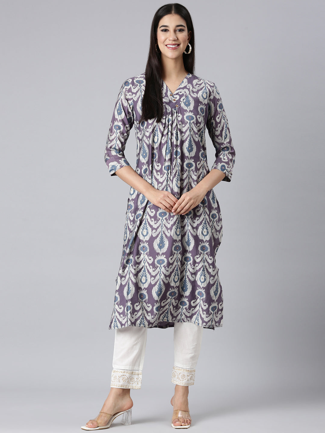 Neerus Purple cotton printed straight kurta - detail view 2