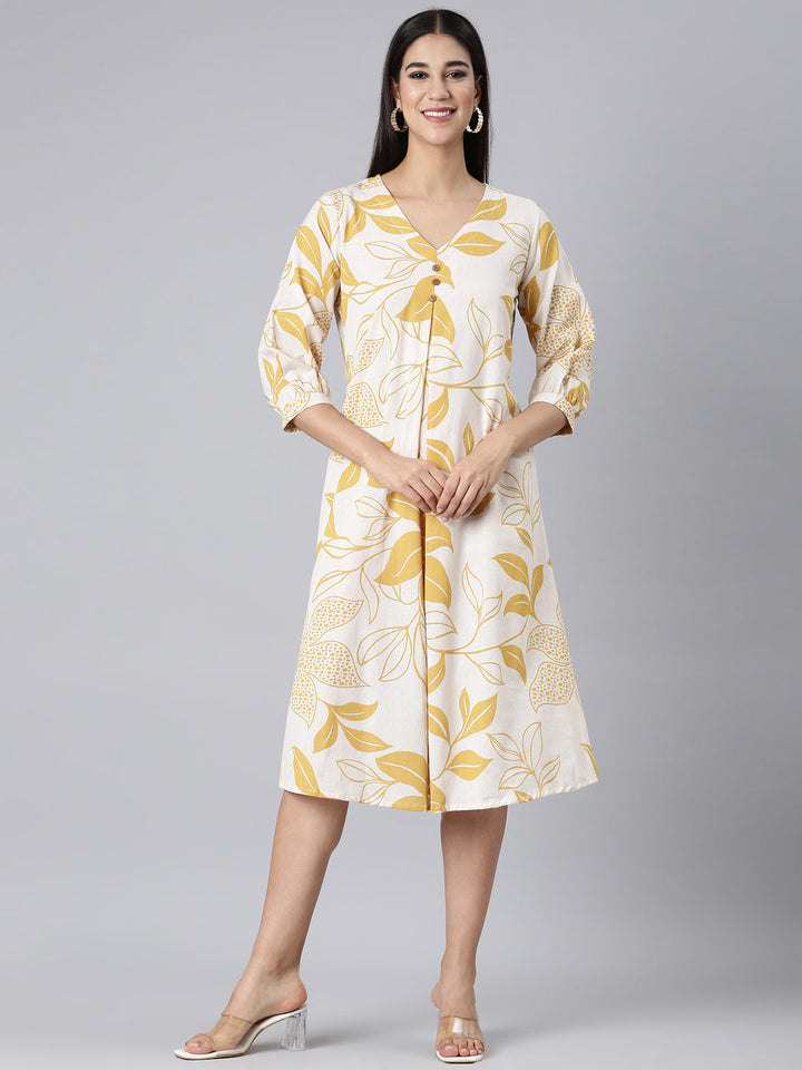 Neerus Mustard Casual Floral A-Line Kurtas