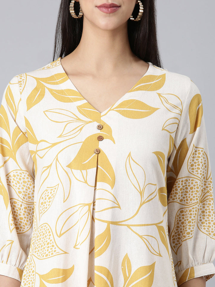 Neerus Mustard Casual Floral A-Line Kurtas
