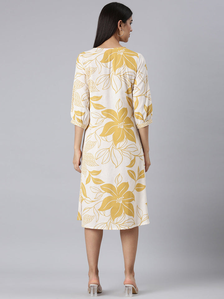 Neerus Mustard Casual Floral A-Line Kurtas