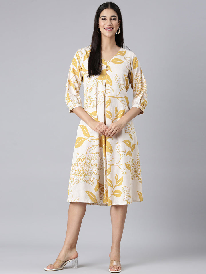 Neerus Mustard Casual Floral A-Line Kurtas