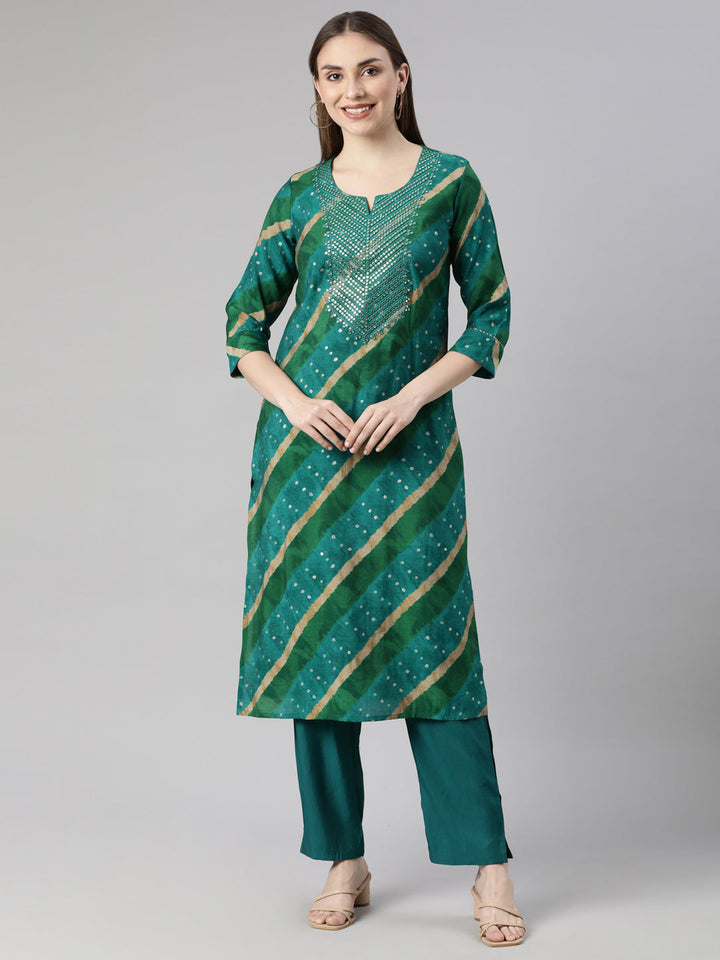 Neerus Green printed striped kurta set - front view
