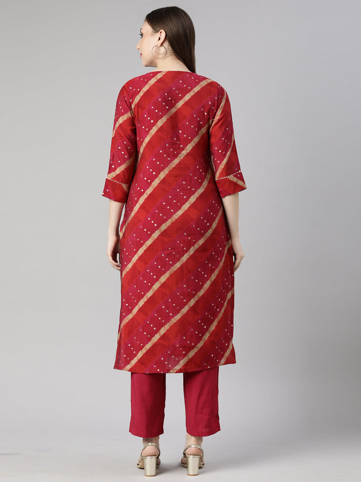 Neerus Pink printed striped kurta set with trouser - side view
