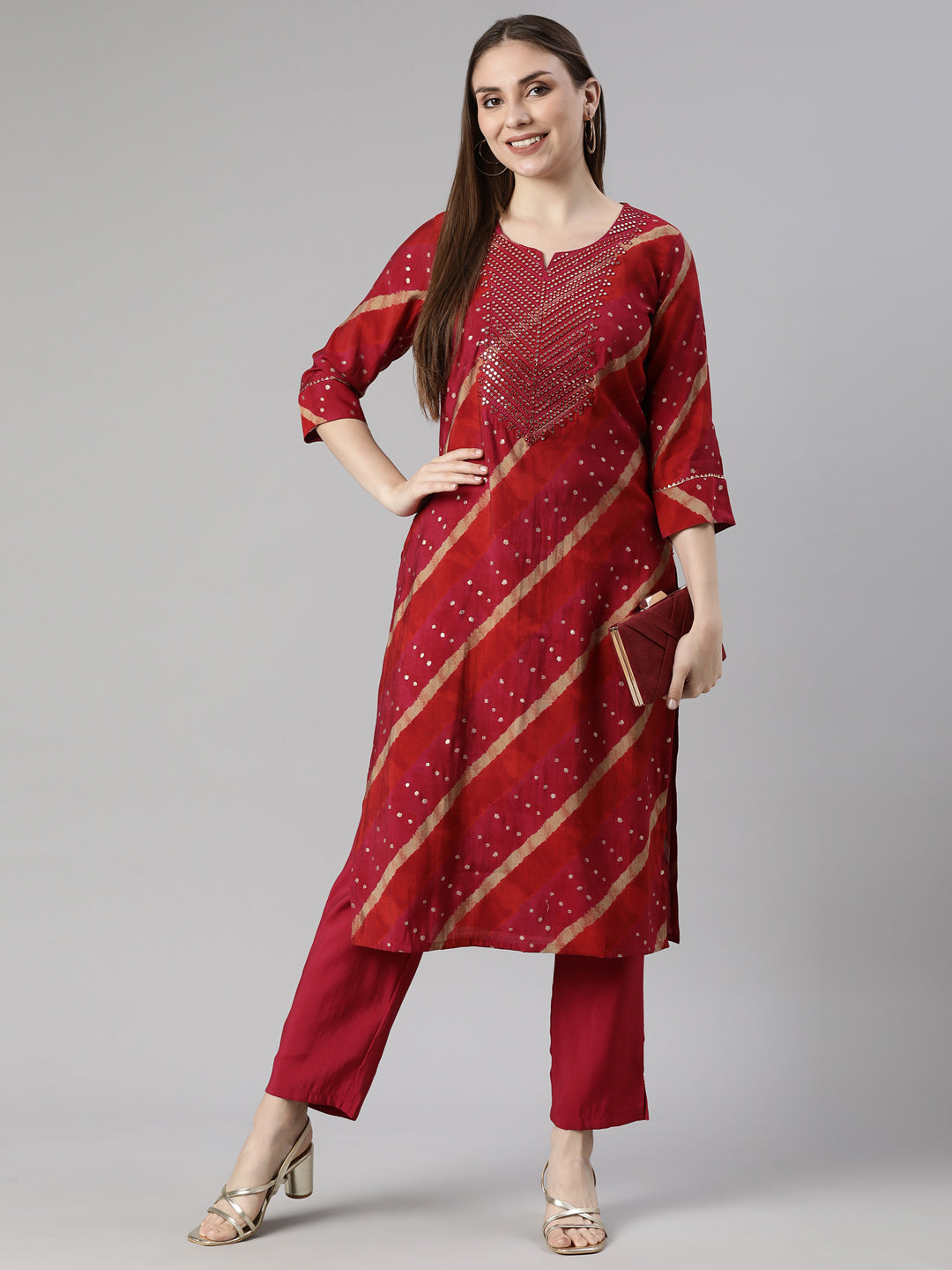 Neerus Pink printed striped kurta set with trouser - detail view 2
