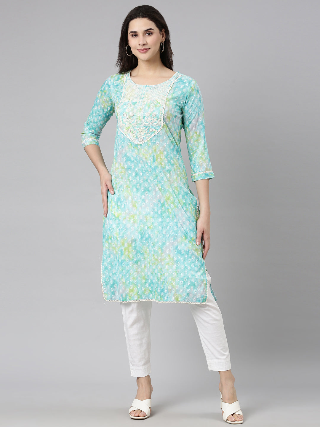 Neerus Blue printed straight paisley kurti - front view