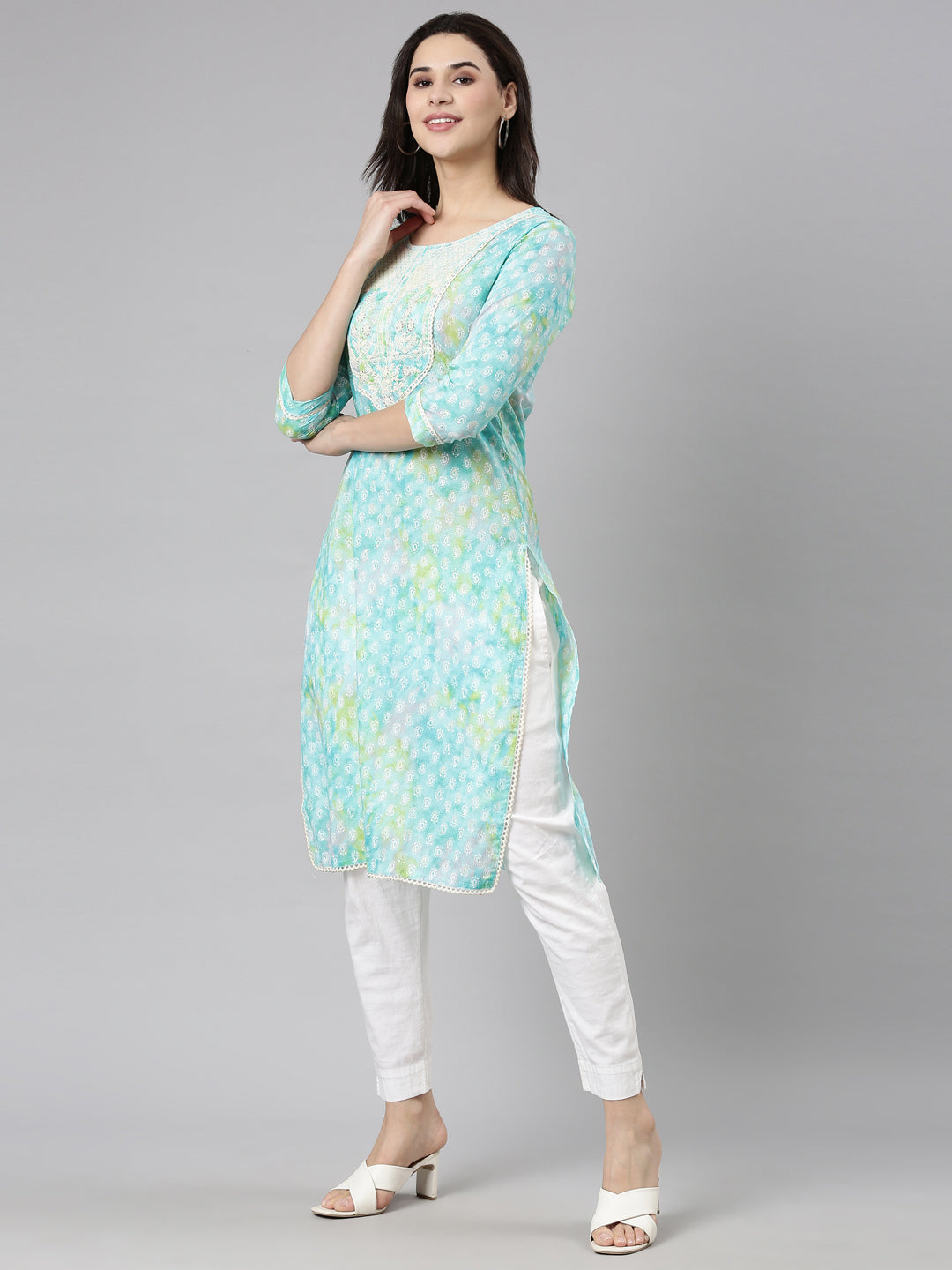 Neerus Blue printed straight paisley kurti - back view