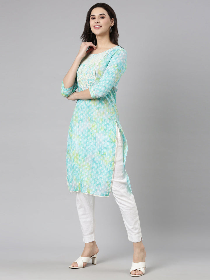 Neerus Blue printed straight paisley kurti - back view
