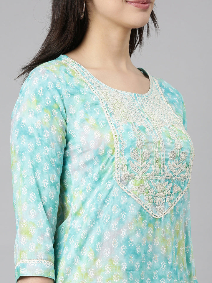 Neerus Blue printed straight paisley kurti - detail view 1