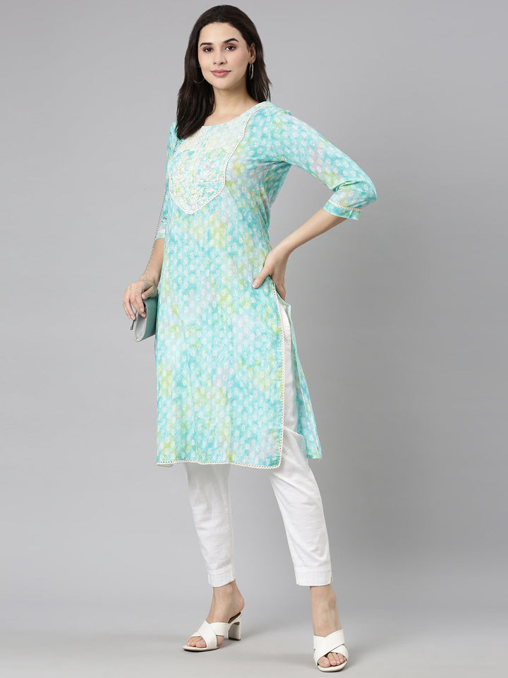Neerus Blue printed straight paisley kurti - detail view 2