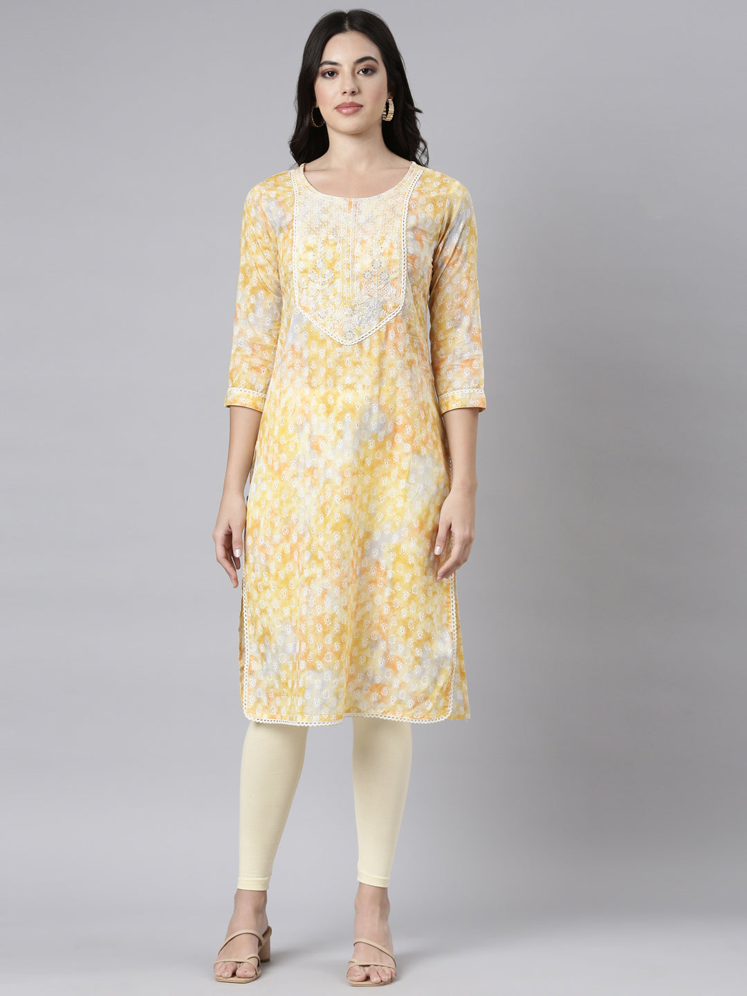 Neerus Yellow cotton printed paisley kurti - front view