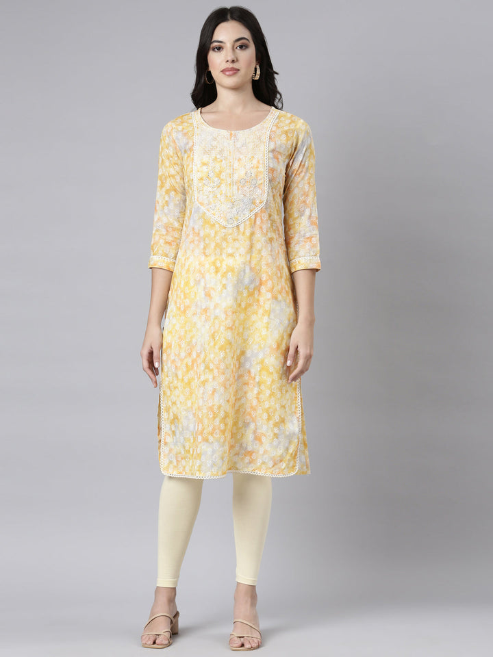 Neerus Yellow cotton printed paisley kurti - front view