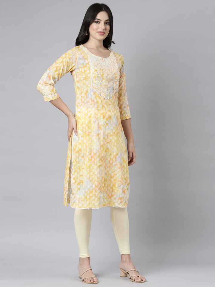 Neerus Yellow cotton printed paisley kurti - back view