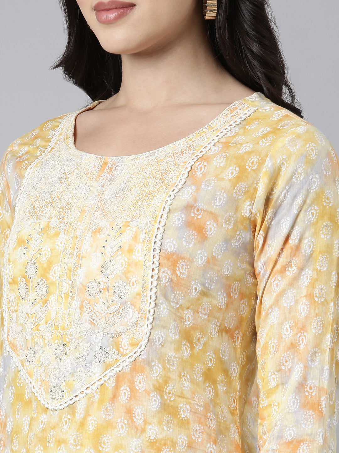 Neerus Yellow cotton printed paisley kurti - detail view 1