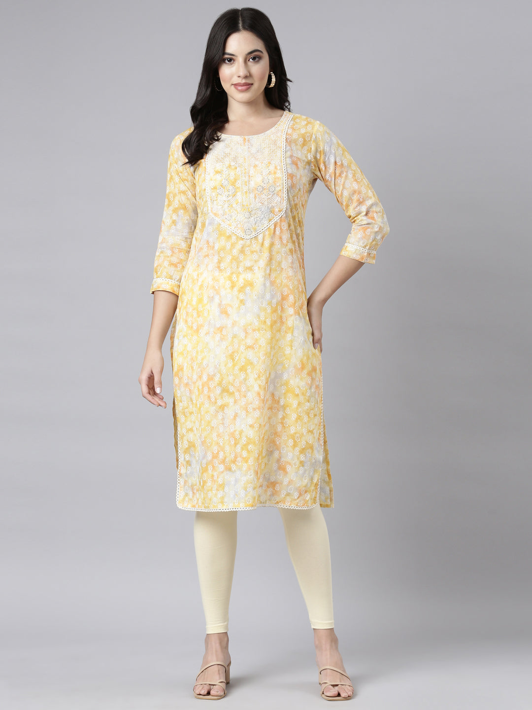 Neerus Yellow cotton printed paisley kurti - detail view 2