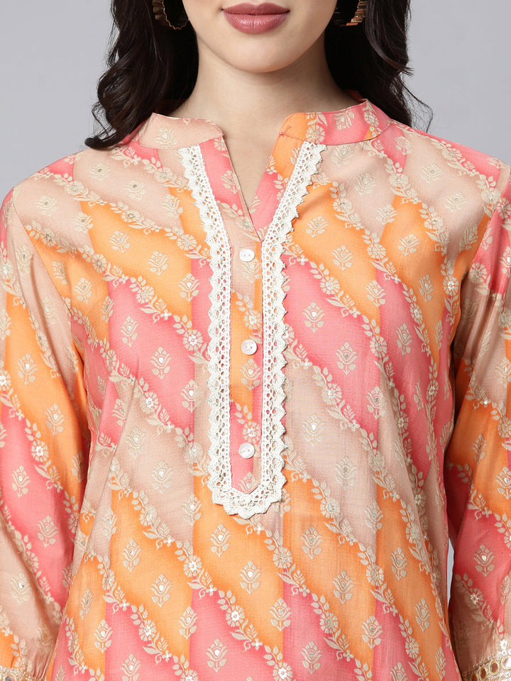 Neerus Orange muslin printed kurta set with trousers - detail view 1