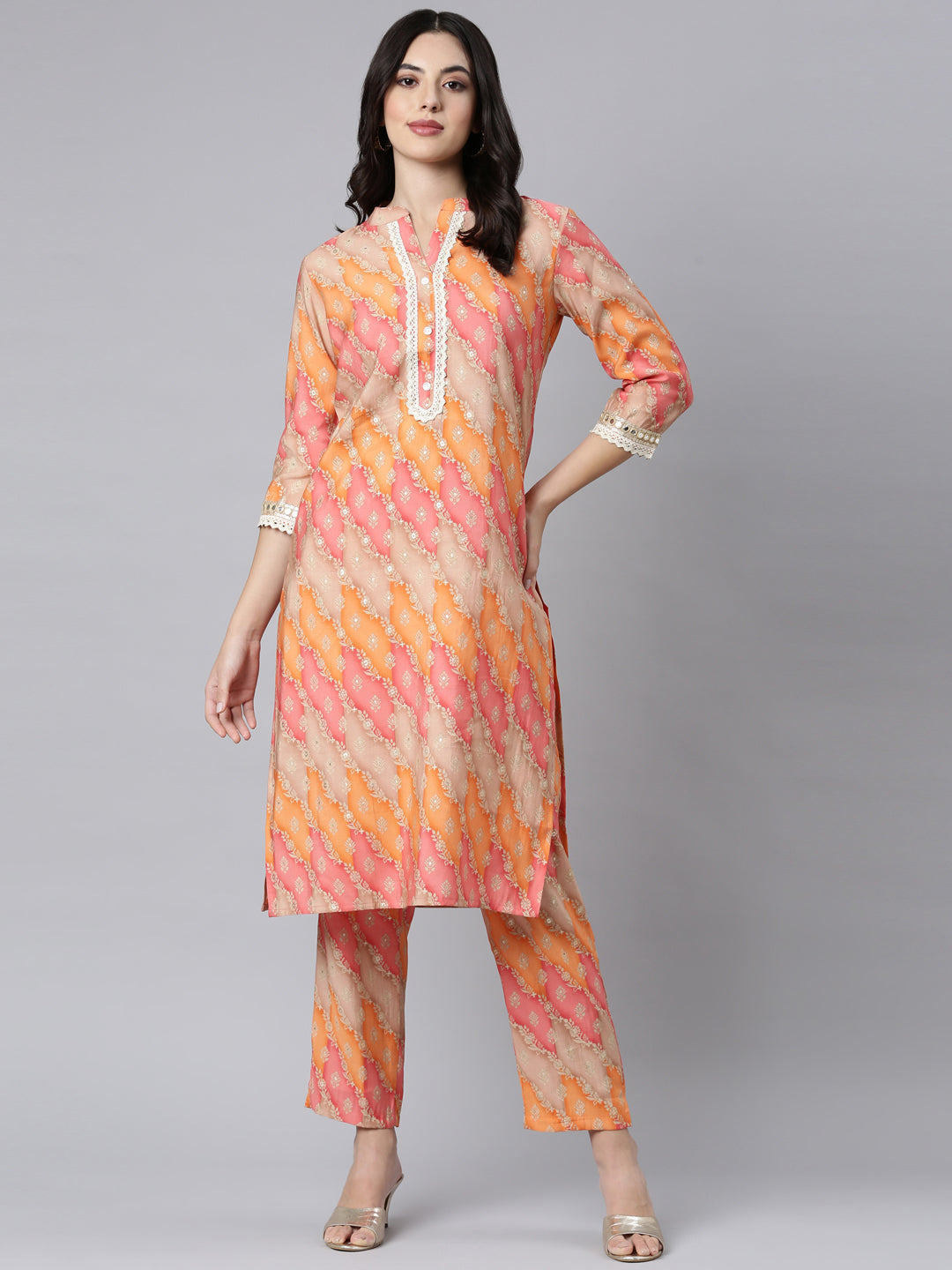 Neerus Orange muslin printed kurta set with trousers - detail view 2