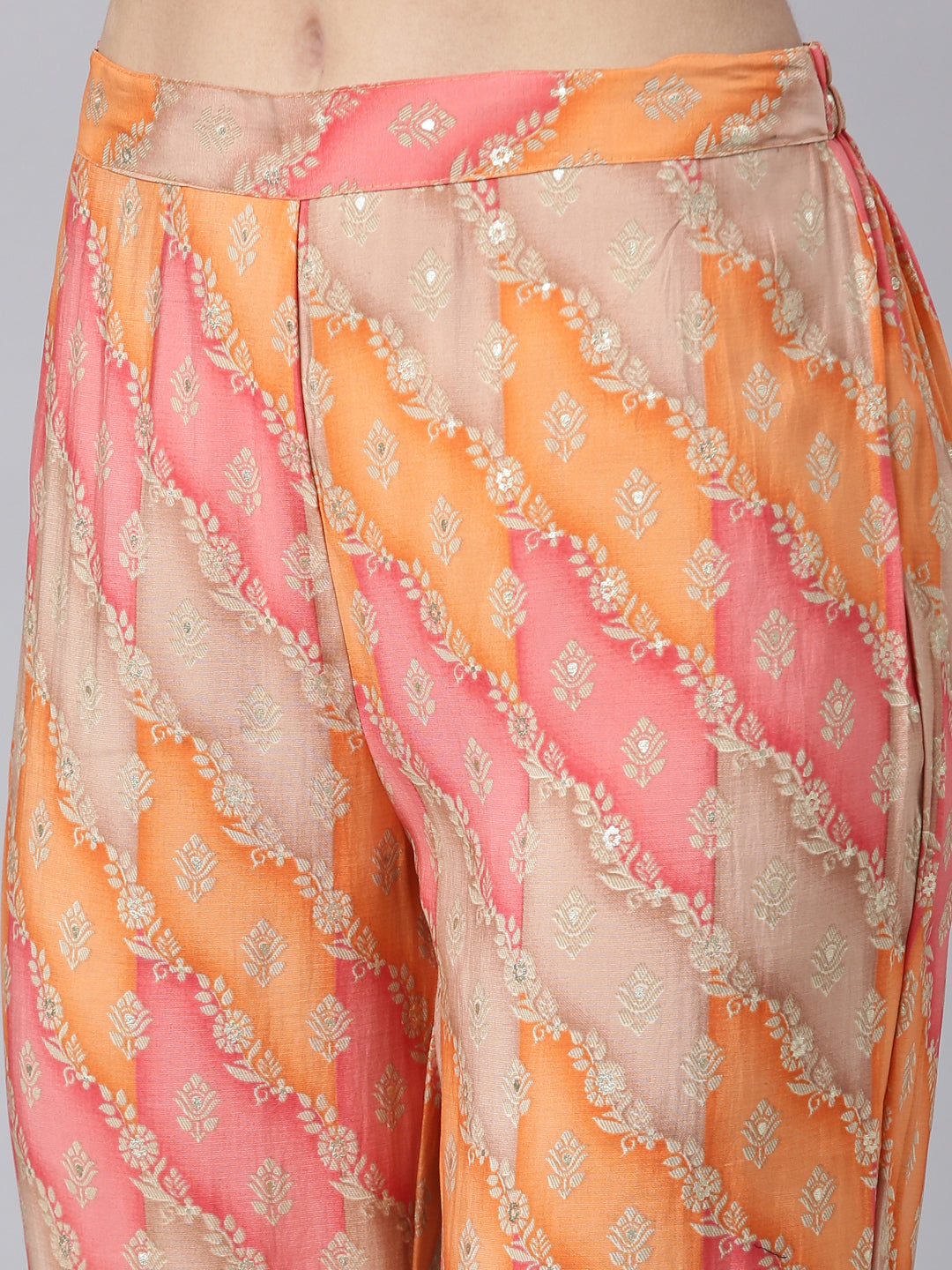 Neerus Orange muslin printed kurta set with trousers - detail view 3