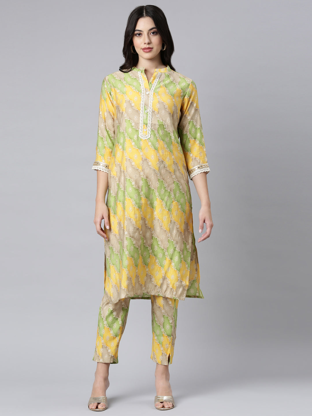 Neerus Yellow muslin printed kurta set - front view
