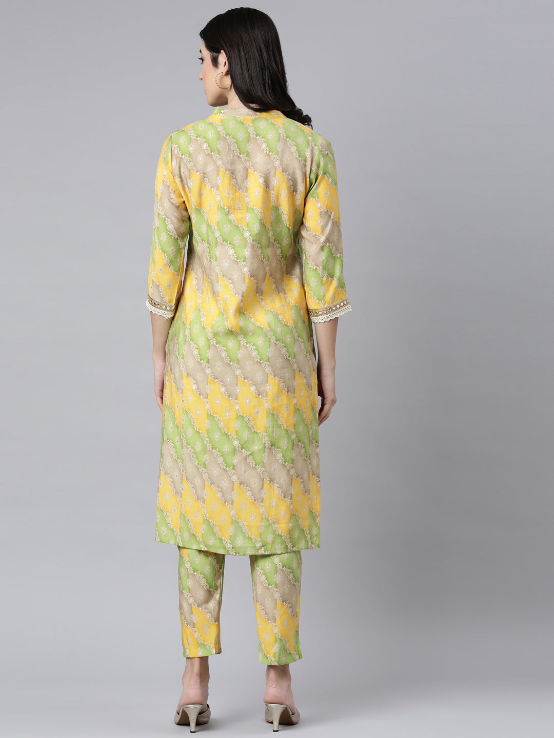 Neerus Yellow muslin printed kurta set - side view